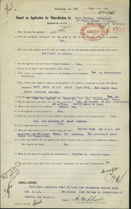 Emil Wilhelm Dahlstrom's naturalisation application.