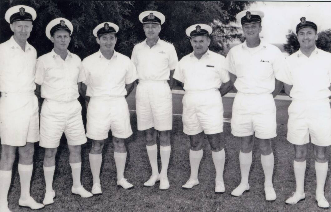 FIRST: Commanding Officer of HMAS Albatross, Captain Goebells (centre) with the first commissioning Warrant Officers at HMAS Albatross in 1971 (from left) Bob Brown, Rusty Marquis, Don Simpson, Doug Eastgate, Geoff Beardsly and Paddy Linton. Photo: Bob Brown and Fleet Air Arm Museum