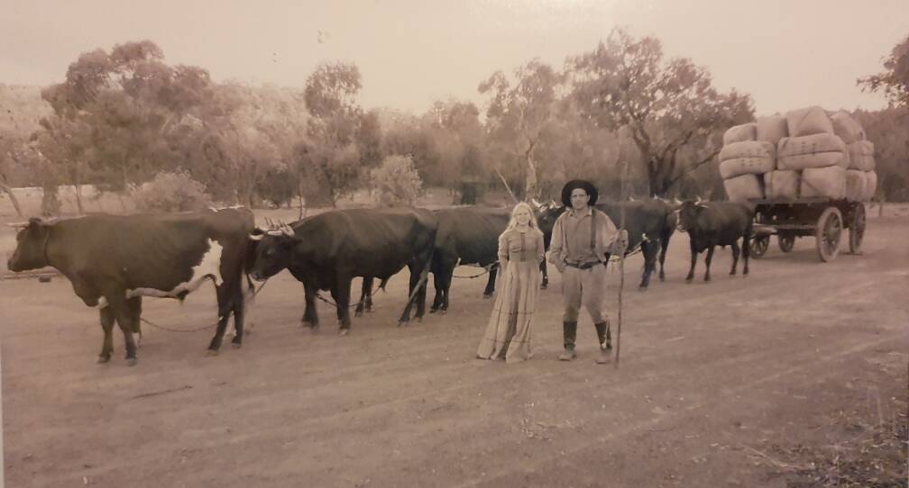 TV APPEARANCE: Ron McKinnon with his daughter Liz and the bullocks on the set of ABC TV series Outback House. Photo: Supplied
