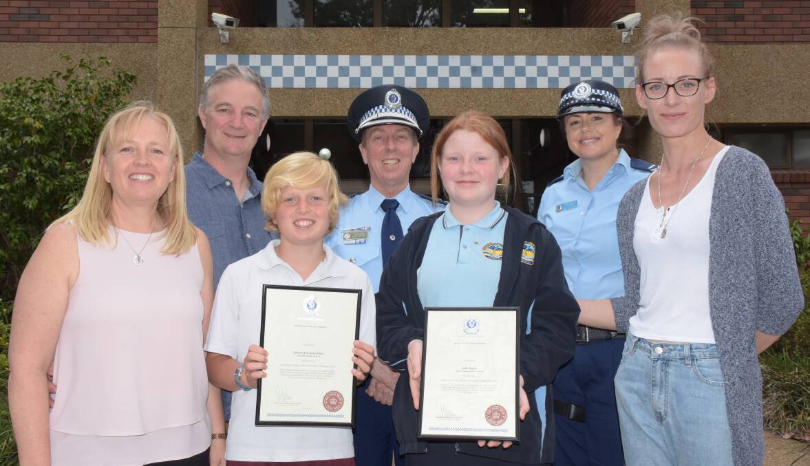 2019 South Coast Police District Integrity Award winners Callala Publics Ned Grootenboer and Bomaderrys Jolie Davis with their proud parents Nadine and Matthew Grootenboer and Melanie Collins with South Coast Police District Commander Superintendent Greg Moore and Youth Liaison Officer, Senior Constable Kyriana Van den Belt.
