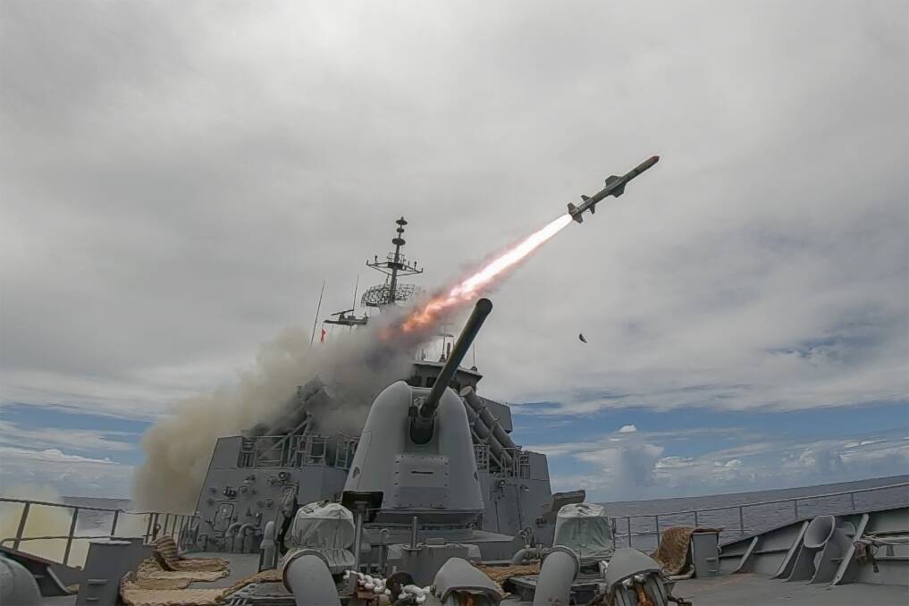 
BIRDS AWAY: HMAS Stuart conducts a live Harpoon Missile firing off the coast of Hawaii during Exercise Rim of the Pacific 2020. Photo: Christopher Szumlanski
