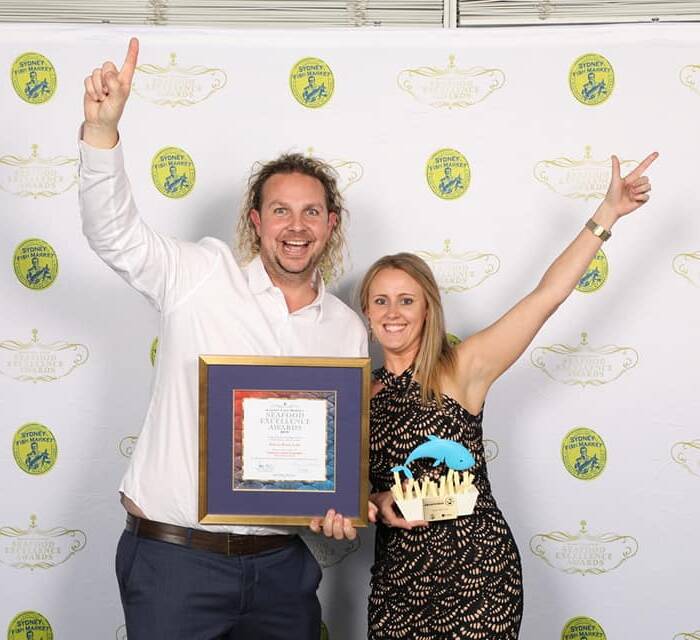 Greenwell Point Pelican Rocks Cafe owners Sam and Rebecca Cardow celebrate their NSW best fish and chips win at the Sydney Fish Market Seafood Excellence Awards.