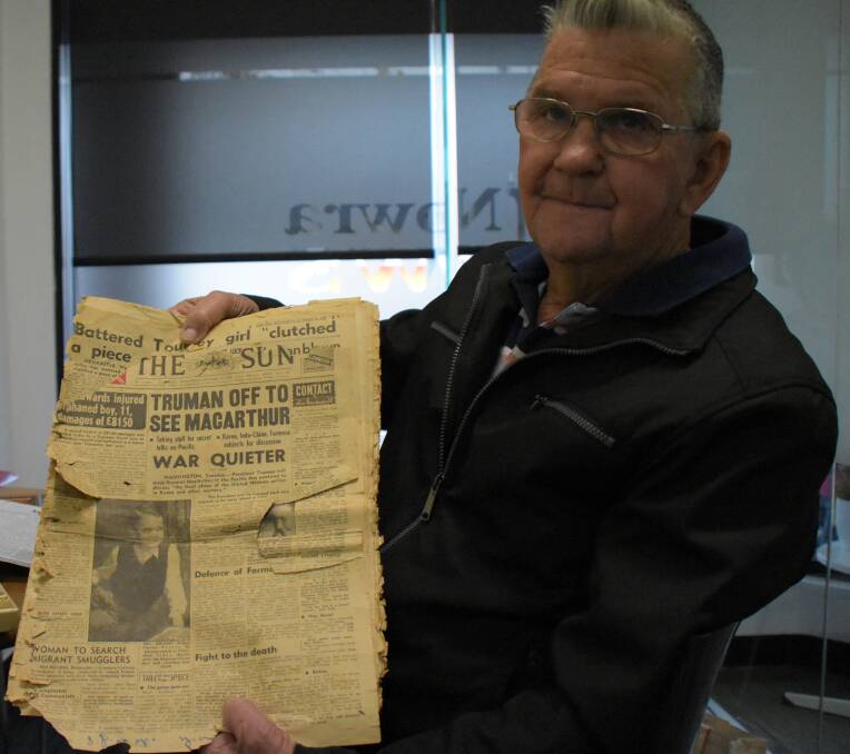 Bob Turner with the front page story on The Sun newspaper in October 1950 after his record compensation payment.