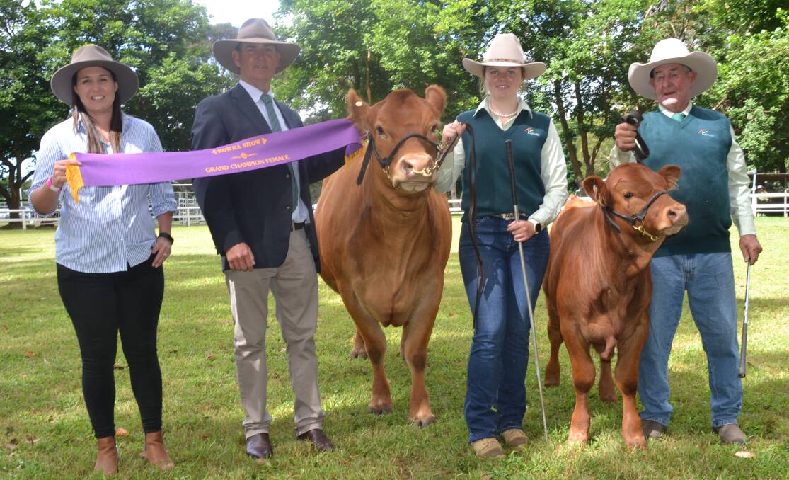 GRAND CHAMPION FEMALE: Garren Park Razzama Haz and calf, Mick and Mark Parsons Limousin entry exhibited by Tilly Parsons and Warwick Hutchings was named Grand Champion Female. Stacey Goldring, of Virbac and judge John Hopkins present the championship ribbon.