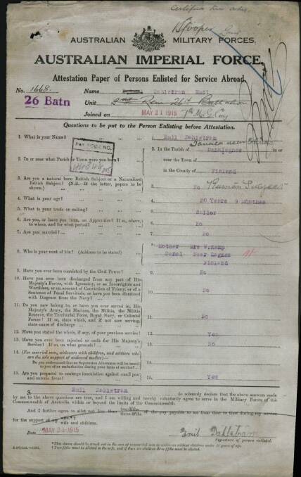 Emil Wilhelm Dahlstrom's World War I enlistment papers.