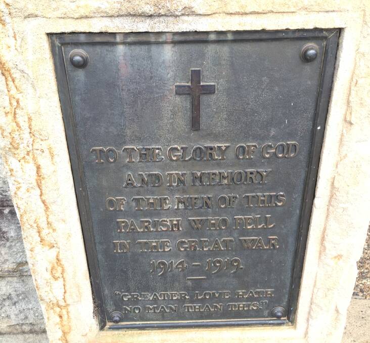 The dedication plaque on the All Saints Anglican Church Nowra lych gate and war memorial.
