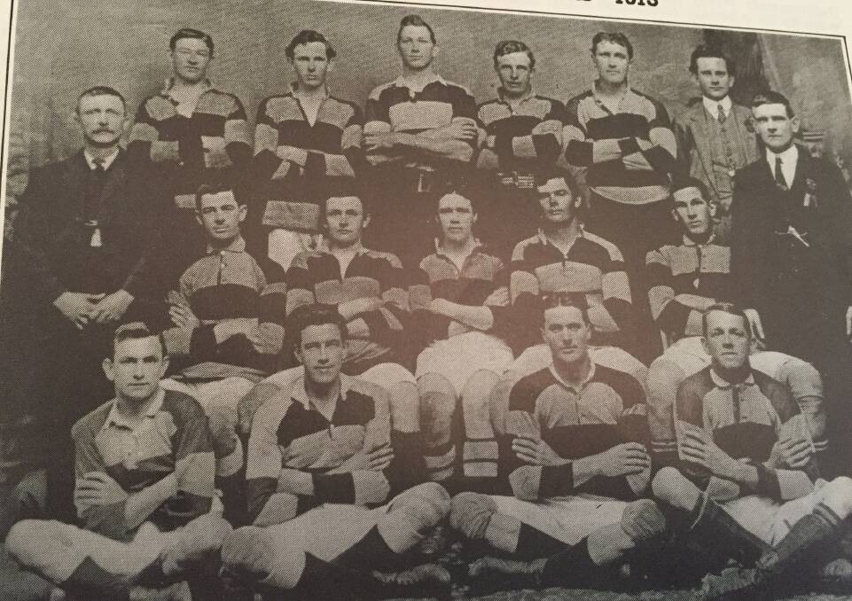 The Nowra Warriors premiership team of 1913 (back from left) P West, M Bice, E Mison, J Wilson, L Weigand. Middle row: L Brown, R Hyam, F OBrien, R Barron, J Mison. Front: H O'Connell, D Dudgeon, G Borrowdale, W McNair., Managers W Gardiner, A Braithwaite.