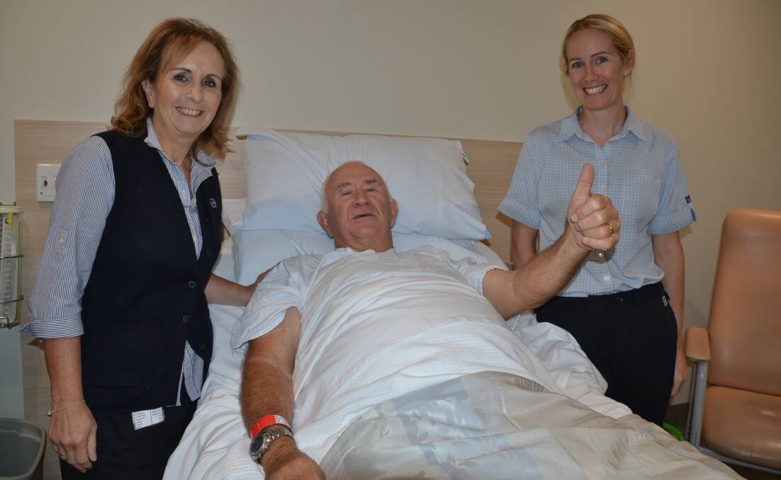 GREAT TREATMENT: Tomakin man Colin Moylan is the first patient at the Nowra Private Hospital's new oncology centre. He is pictured with Nurse Unit Manager Sonia Smith (left) and clinical nurse practitioner and dedicated breast care nurse Jessica Lee.