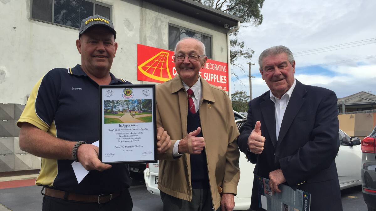 THANKS: Berry RSL Sub-Branch president Ray Strong (centre) presents a certificate of appreciation to South Coast Decorative Concrete Supplies director Darren Woods watched by Shoalhaven City Councillor John Wells.
