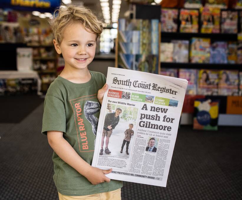 THAT'S ME: Five-year-old Louie Tagg on the front page of the South Coast Register. Image: Rachael Tagg Photography