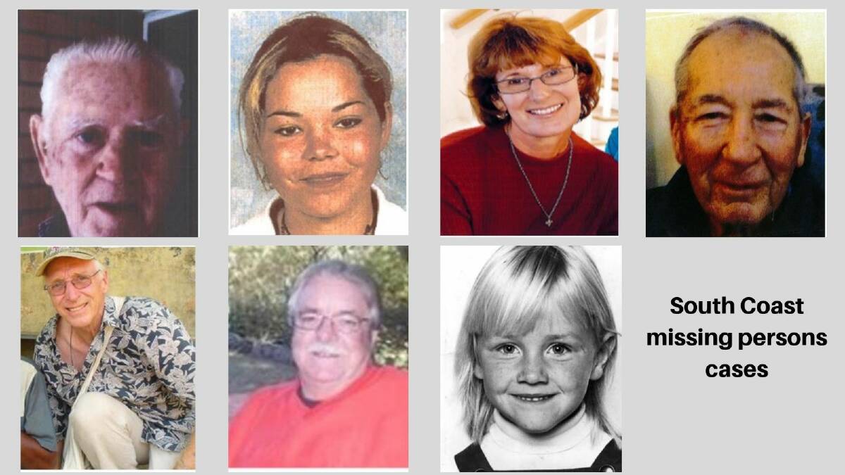 MISSING: Seven South Coast missing persons (clockwise from top left) Gordon Andrews, Kathleen Harris, Elizabeth Hallahan, Raymond Speechley, Renee Aitken Peter Jeacle and Garry Verrall. If you have any information contact Crime Stoppers on 1800 333 000.
