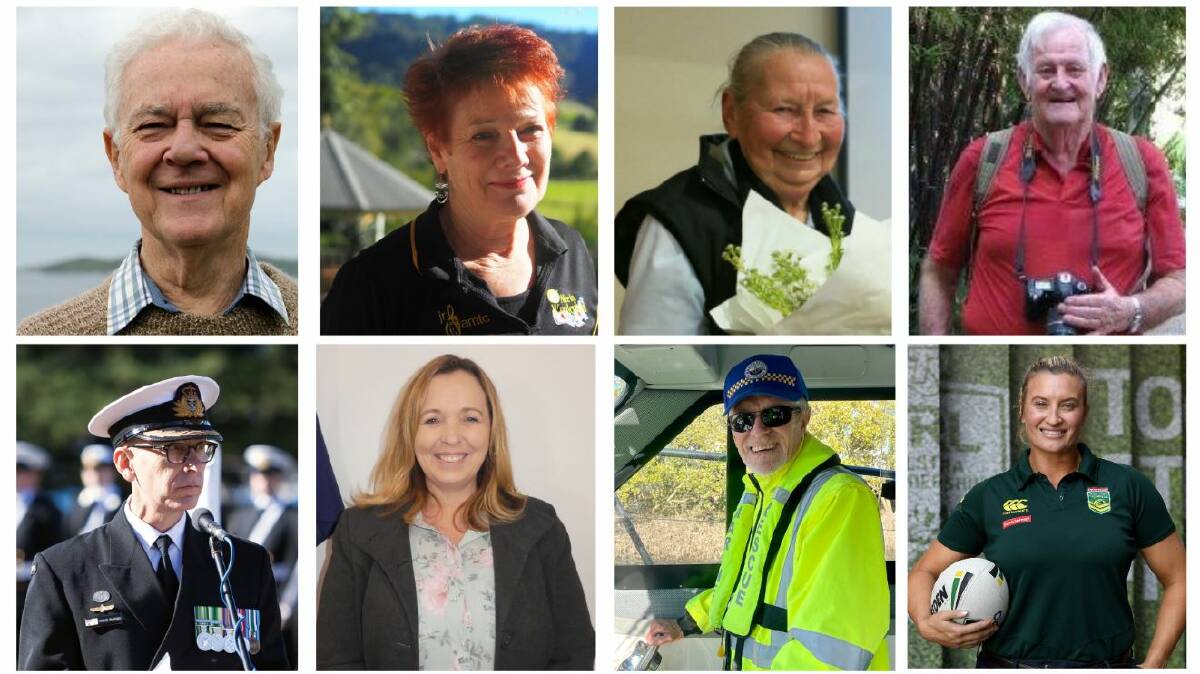 RECOGNISED: Ian Riley, Julia Armstrong, Hazel King, the late Don Ellison, Ruan Sims, Michael Boadle, Sarah Howard and Commander Moses Raudino (clockwise from top left) have been honoured in the Queen's Birthday Honours.