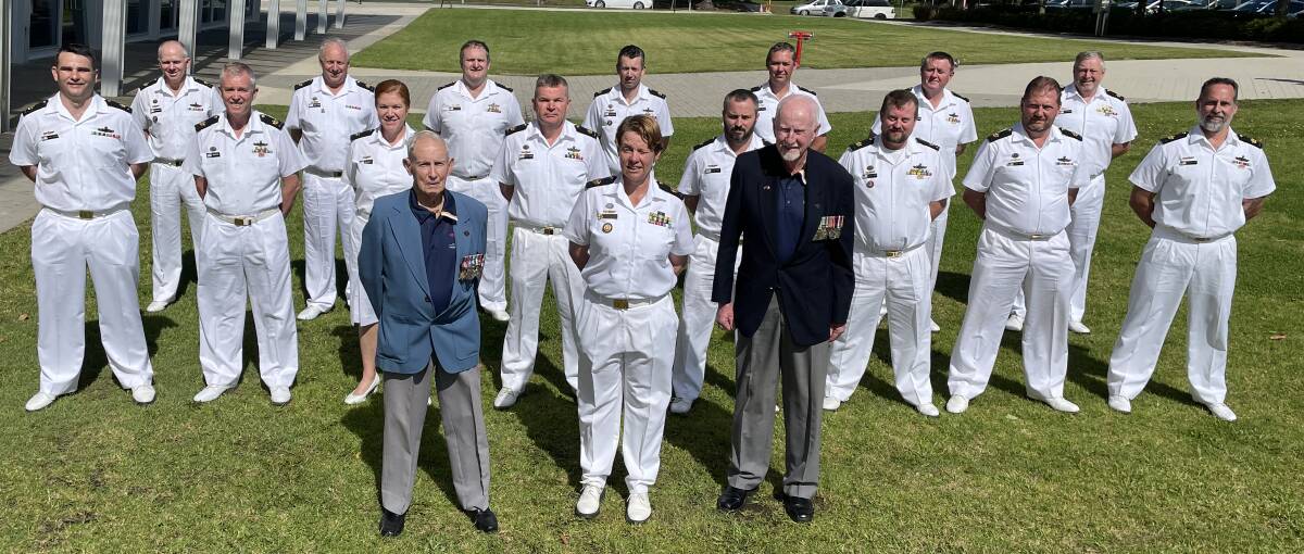 TRAILBLAZERS: Rusty Marquis and Bob Brown along with Warrant Officer of the Navy Deb Butterworth and 15 other RAN WOs mark the rank's 50th anniversary.