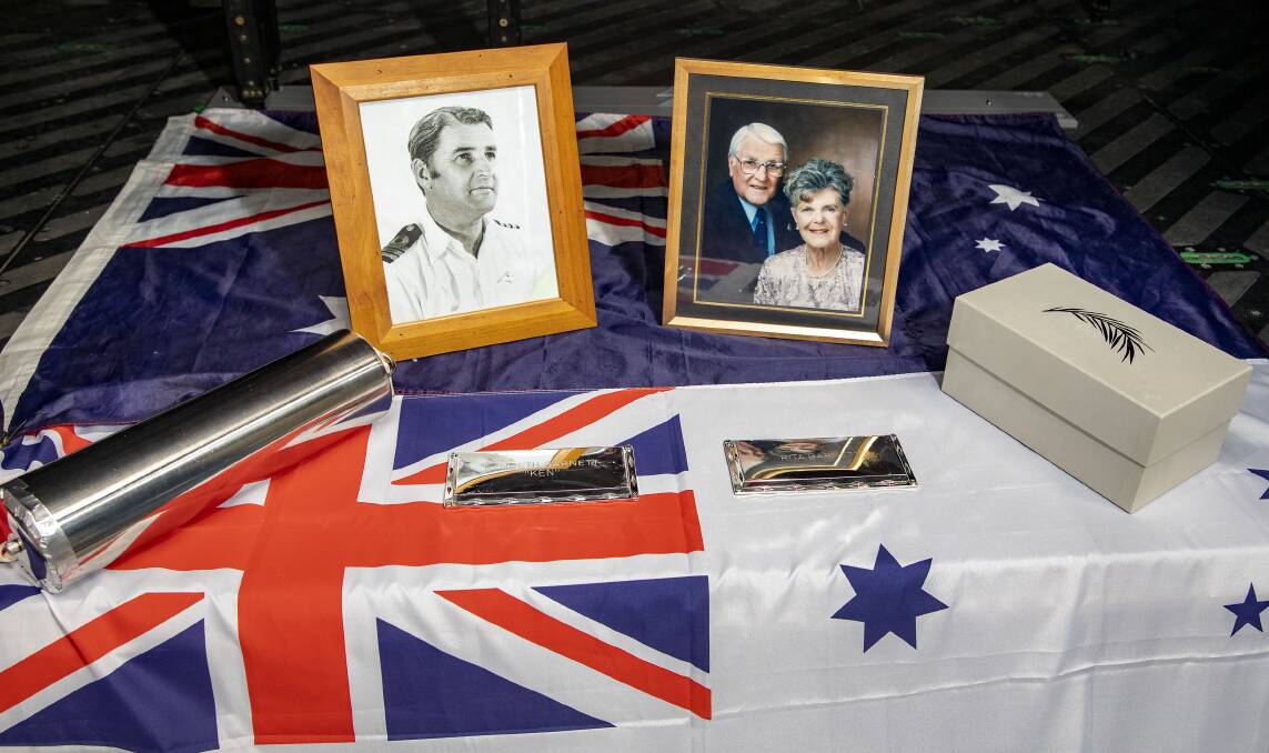 Service for Kenneth Barnett, OAM and his wife Rita Barnett, OAM at 808 Squadron at HMAS Albatross and in the air over Jervis Bay . Photos: Cameron Martin