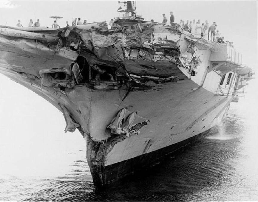 COLLISION AT SEA: HMAS Melbourne after the accident in which the USS Frank E. Evans was cut in two in the South China Sea. Image: Defence