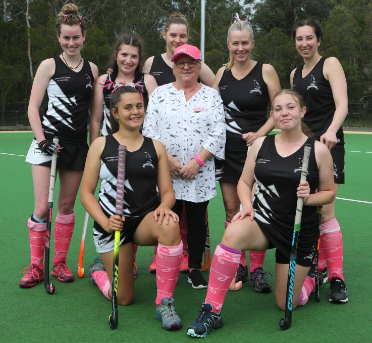 SUPPORT: Pink Up Berry chairperson and Berry Hockey Club life member Debbie Woolford (centre) with members of the Berry women's team who donned pink socks for the weekend's grand finals (back from left) Natty Sparks, Deanne Maher, Maddy Gaffney, Kerri-Ann Brereton, Nicole Stone. Front: Elly Simms and Mikayla Elder.