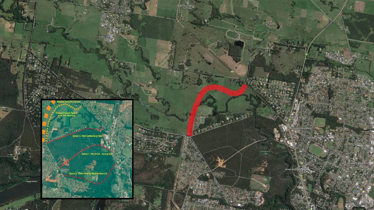The North Collector Road route, marked in red, will connect Illaroo Road to Moss Vale Road. Inset - A closer view of the proposed road.
