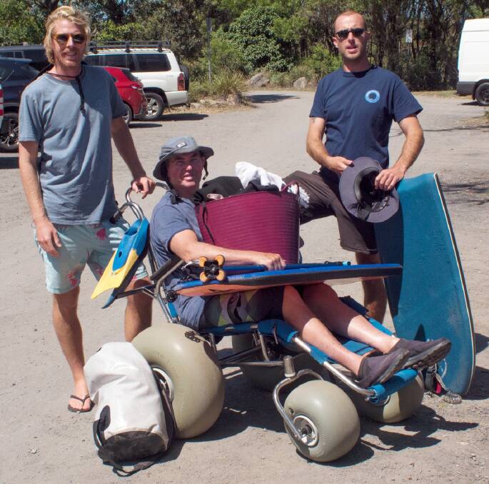 SURF'S UP: Steve Preston ready to hit the beach with Russ Quinn (left) and James Gissing . Image: James Kates