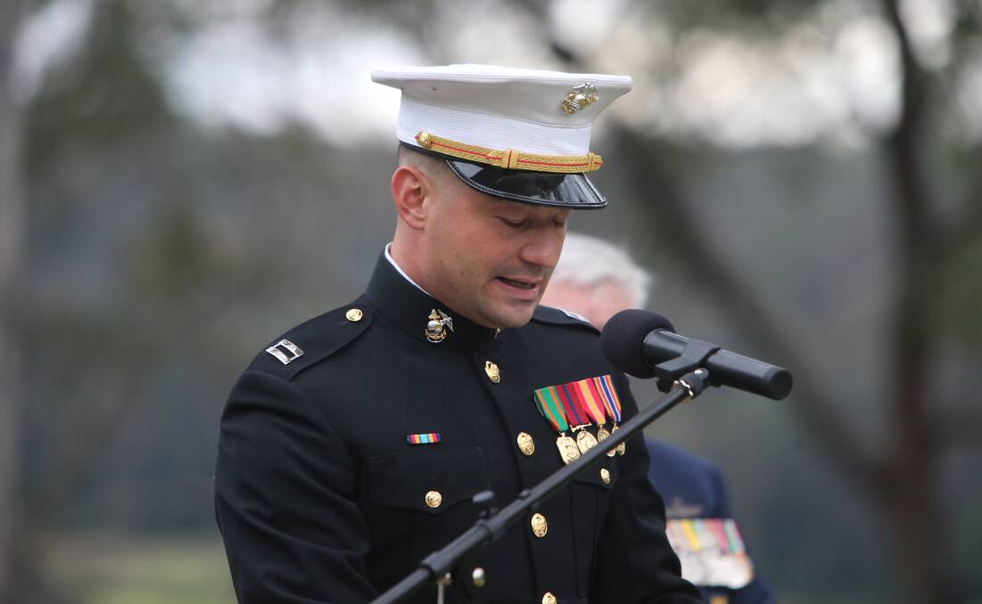 ADDRESS: US Marine Attache, Captain David Rivera from the US Embassy in Canberra gives the commemorative address.
