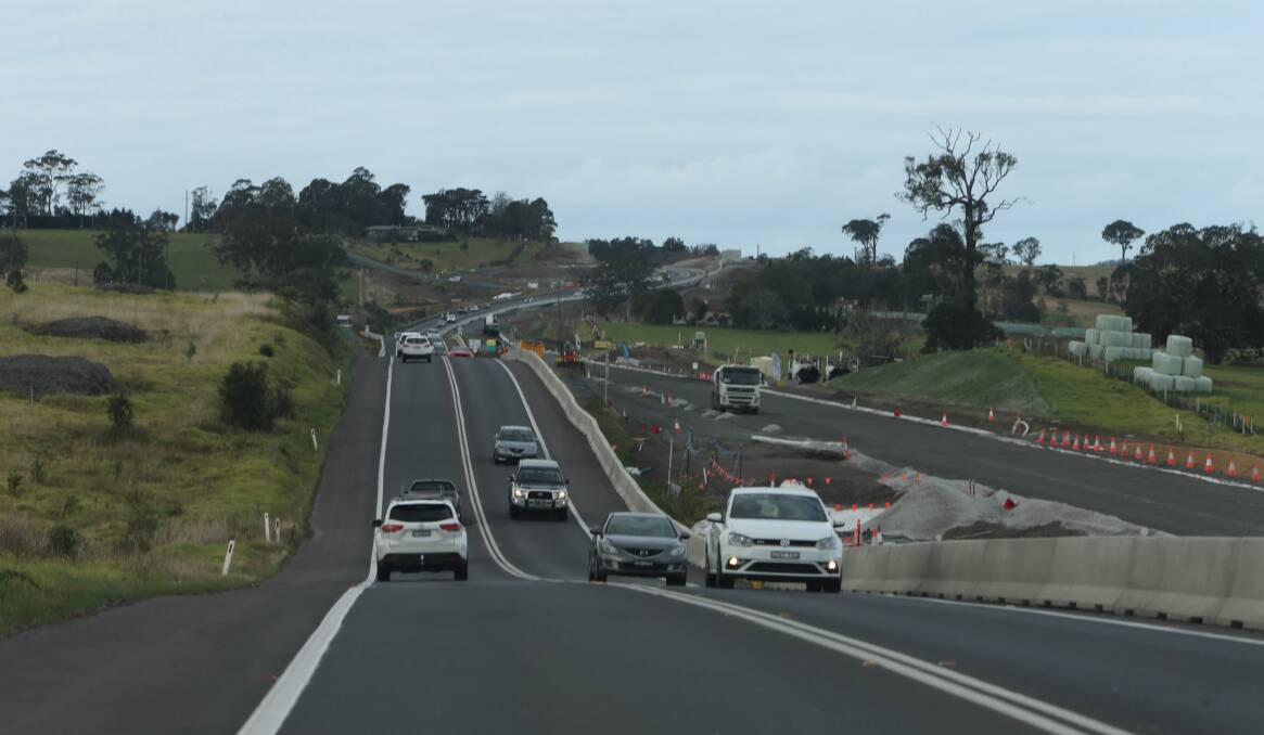 CHANGE: Weather permitting, motorist will be diverted onto a new southbound section of the Berry to Bomaderry upgrade of the Princes Highway (far right) between Jaspers Brush and the Silos Estate from tonight. Photo: Robert Crawford
