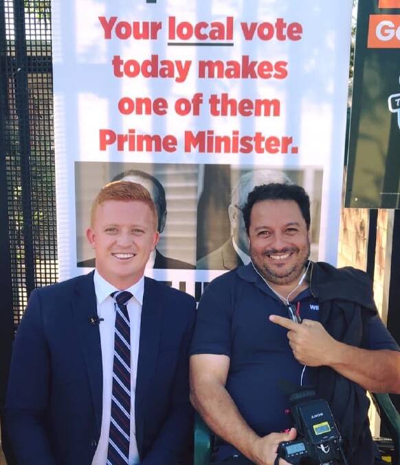 ON THE HUSTINGS: WIN TV cameraman and producer Michael Pignataro (right) with journalists and WIN journalist and chief of staff Jared Constable out during the 2019 federal election.
