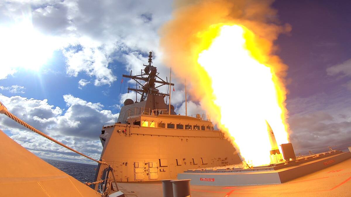 BLAST: HMAS Hobart conducts a live fire exercise using the vertically launched RIM-66 Standard Missile 2 (SM2) as a test of capability before proceeding to their Unit Readiness Evaluation (URE). Photo: Cameron Martin