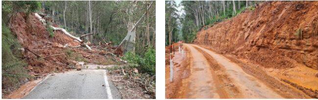 CLEARED: Burrier landslip - before (left) and Burrier Road now open to residents and businesses in the area after the removal of soil and debris following the landslip. Images: Supplied