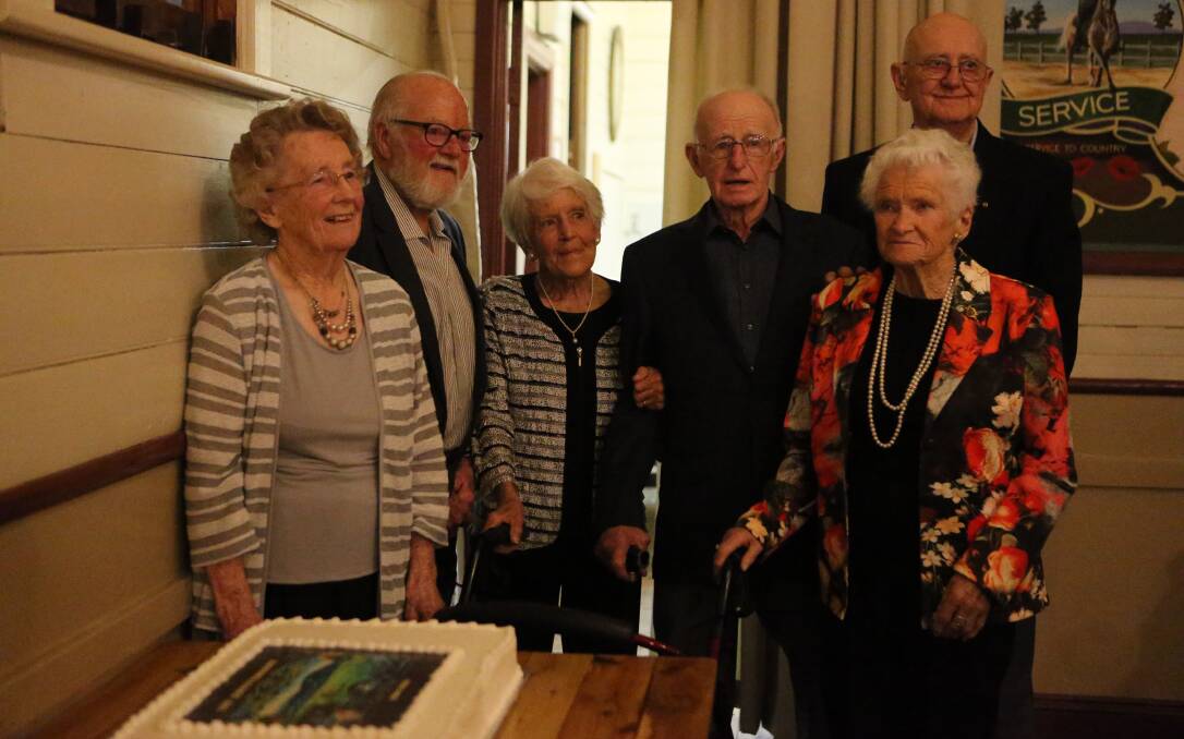 CELEBRATION: Pyree Hall patrons Margaret Smith, Geoff Herne, Joan and Greg Watts, Ian Morison and Lyn Anderson prepare to cut the 125th birthday cake.