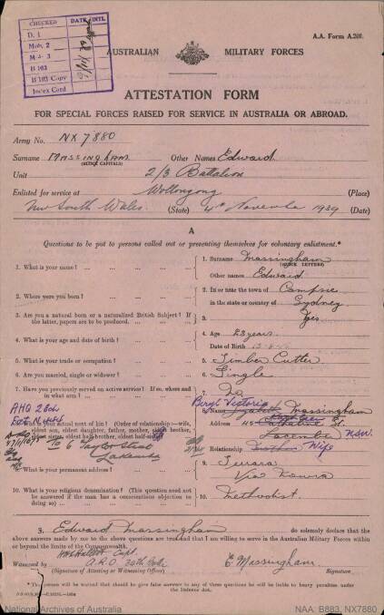 Private Ted Massingham's attestation form.