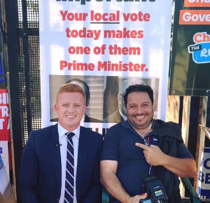 WHAT A RIDE? WIN TV cameraman and producer Michael Pignataro (right) with journalist and WIN chief of staff Jared Constable during the 2019 federal election. Pignataro's Loyalty and Leaks - The Untold Gilmore Story has been long-listed for a Walkley Award.