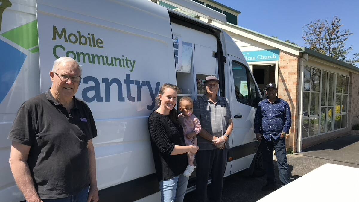 VOLUNTEERS: David, Louise and number one helper Imara, Ray and Anglicare driver Robin at the Bomaderry Mobile Community Pantry at St Stephens.