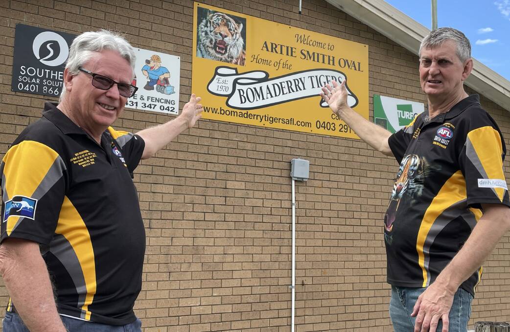 GOODBYE: Bomaderry Tigers Australian Football Club president Tony McCann (left) and longtime club member, treasurer and life member Neville Sticks Hickmott bid the Tigers clubrooms at Artie Smith Oval farewell.
