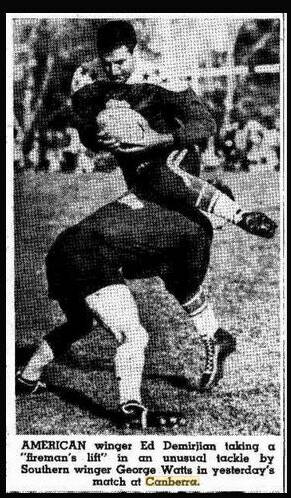A newspaper clipping of Pyree Rovers player Greg Watts playing for Southern Districts tackling his American All Stars opposite number Ed Demirjian at Manuka Oval in Canberra on Wednesday, May 27, 1953.