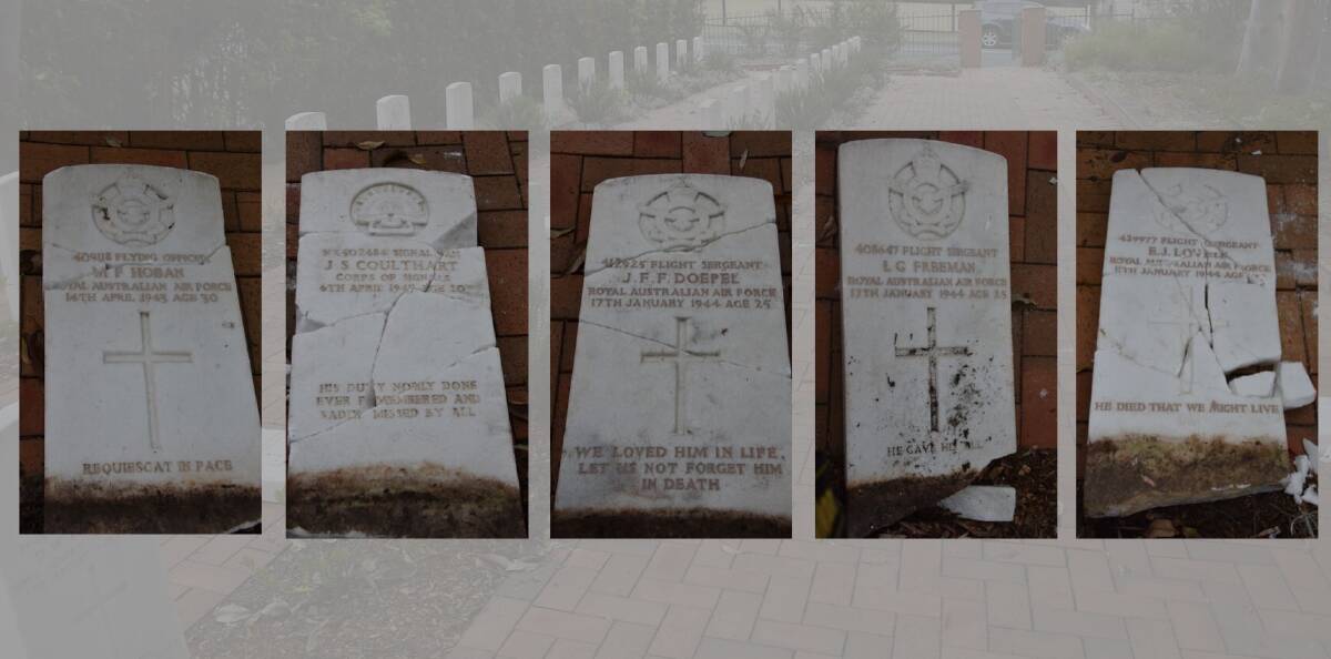 DAMAGED: The five headstones damaged by vandals in the Nowra War Cemetery.