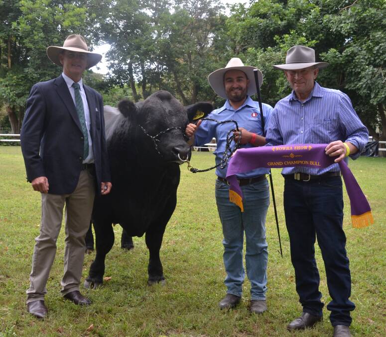 TOP BULL: Grand Champion Bull was Southern Black Simmentals (SBS) Ritson 72 exhibited by Nick Azopardi. Judge John Hopkins and Nowra Show Chief Cattle Steward Alan Garatty present the championship ribbon.