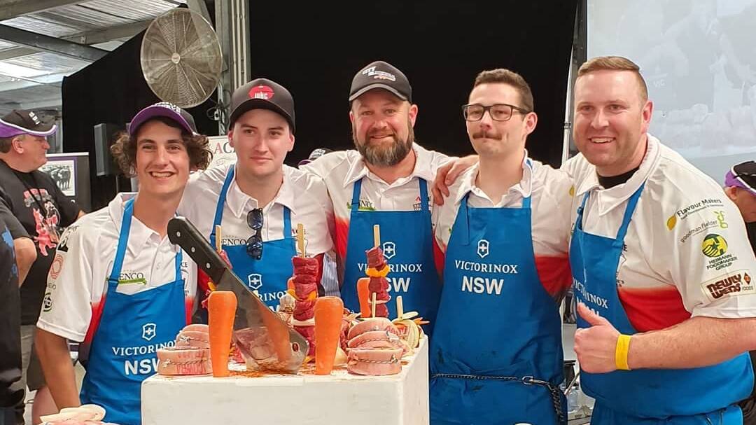 NATIONAL CHAMPS: Shoalhaven's Nathan Alcock (centre) with his NSW/ACT teammates Jonny Emney, Cal Holgon, Garreth Gorringe and captain Craig Munro who took out the State Butchers' Competition at the Showdown in the Showground at Hawkesbury at the weekend.