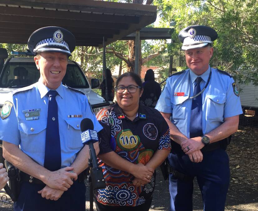 HAND OVER: South Coast Police District Superintendent Greg Moore (left) and officer in charge of Nowra Police Station, Inspector Ray Stynes with Cullunghutti Aboriginal Child and Family Centre CEO Tara Leslie.