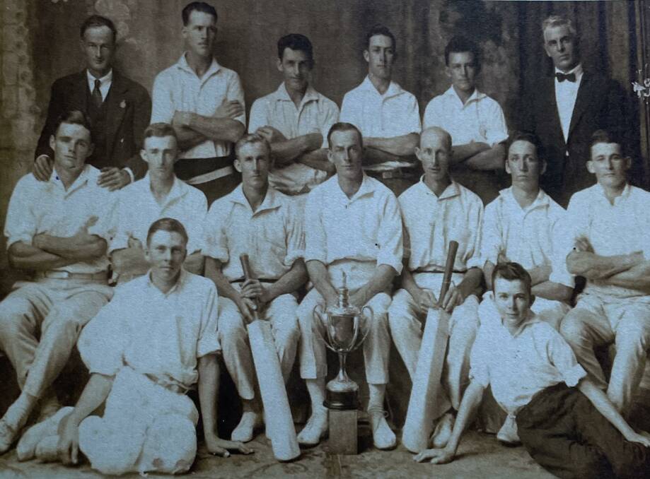 
COVERBOYS: The Cambewarra second grade premiership winning side of 1928-29 which is featured on the front cover of the book (back from left) Stan Brown (secretary), Les Boxsell, Clyde Boxsell, Roy Lumsden, Fred Wiley, Oliver Gibson (president). Middle row: Fred Binks, Lindsay Goodger, Oswald Morschel, Bruce Brown (captain), Dick Evison, Mac Wilson, Lyle Graham. Front row: Aubrey Elliott and Fred Ison.
