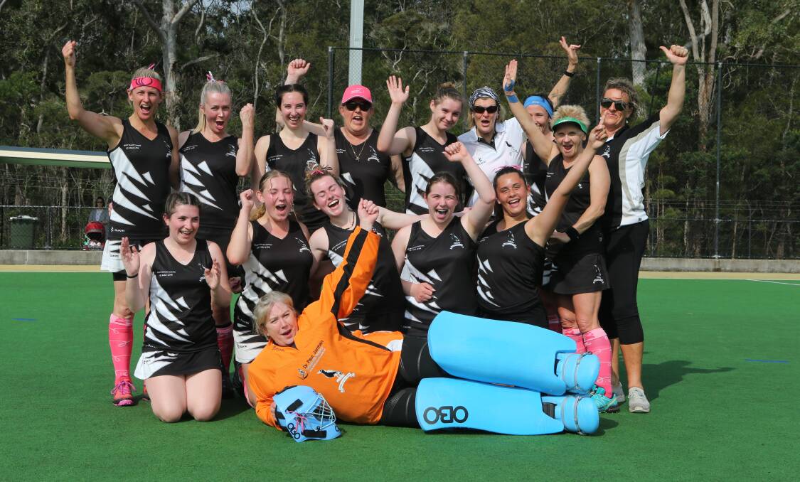 YOU BEAUTY: Berry women celebrate their 4-nil win over St Georges Basin in Saturday's Shoalhaven Hockey grand final. Photo: Robert Crawford