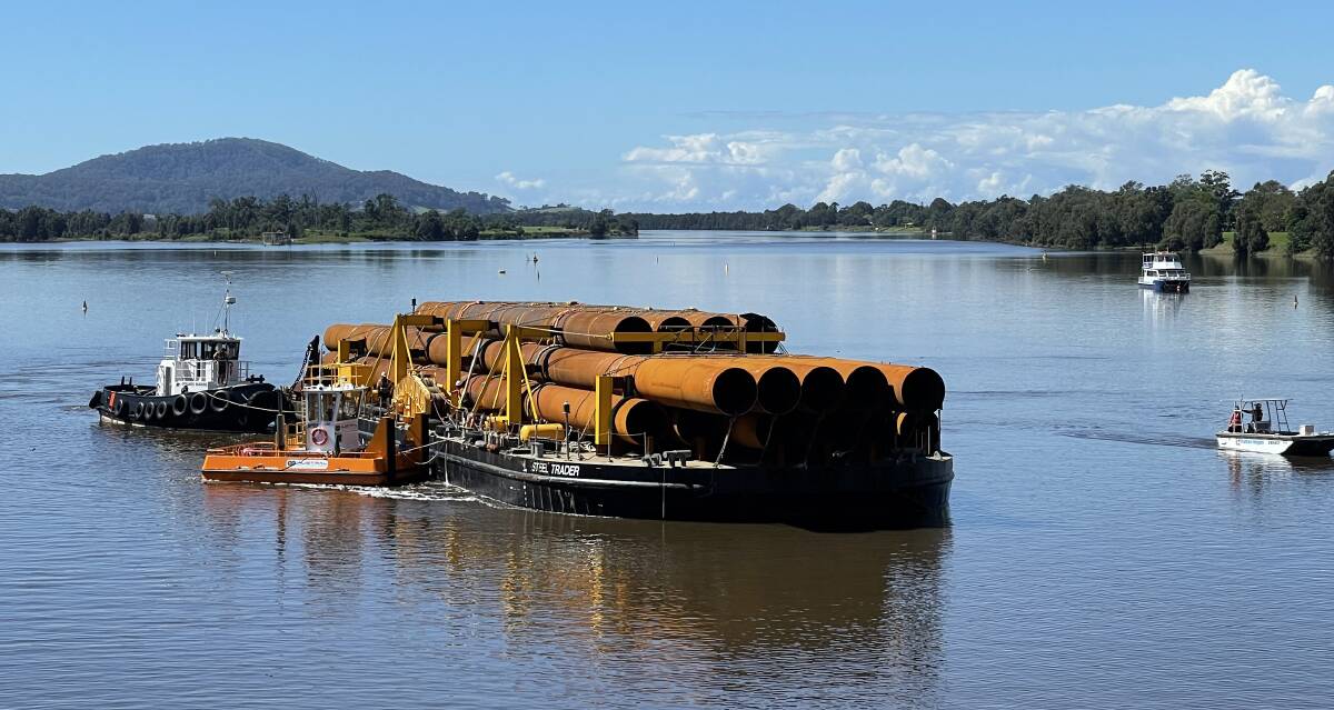 WOW: A 51-metre long and 16-metre wide barge delivers the next 16 pile casings, ranging in size from 30 to 58 metres long for the $342 million new Nowra bridge project. Image: Transport for NSW