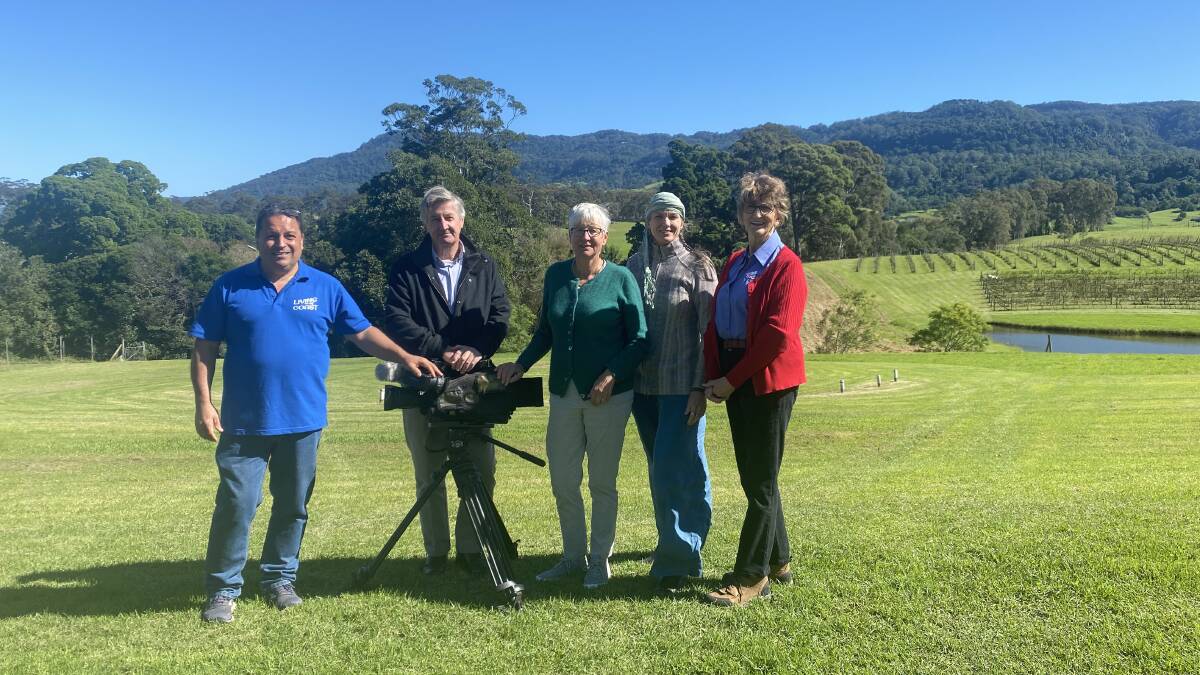SHOALHAVEN RECOVERS: Executive producer Michael Pignataro, Allan Baptist with Allison Baker, Pia Winberg and Wendy Woodward during the filming of Living on the Coast Shoalhaven Recovers. Image: Supplied