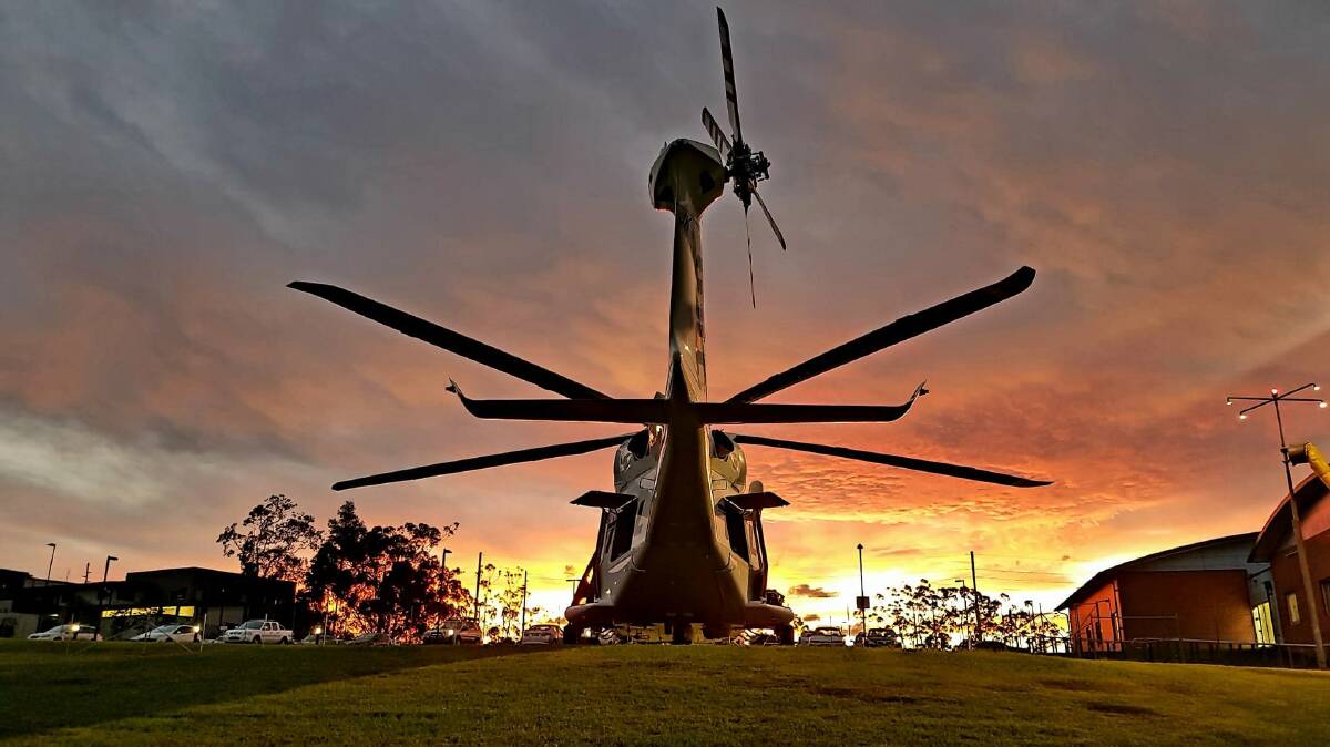  A brilliant sunset over the Toll NSW Ambulance Rescue Helicopter on the helipad at Shoalhaven District Hospital. Photo: Toll NSW Ambulance Rescue Helicopter