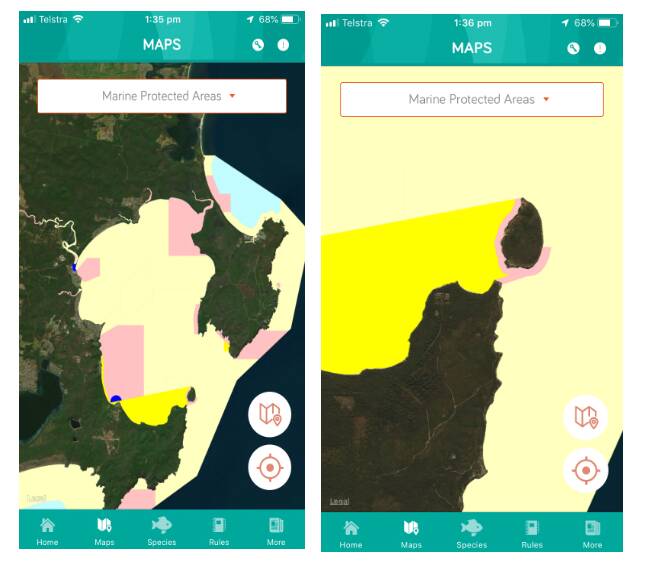 The NSW Department of Primary Industry’s FishSmart NSW mobile app showing Jervis Bay sancruary zonbes and especially those aroudn Bowen Islan (left)