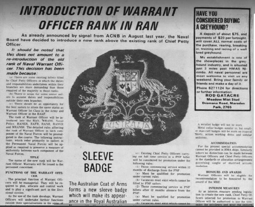 IN THE NEWS: Above and below: News of the Warrant Officer Rank being established in the Royal Australian Navy in Navy News.