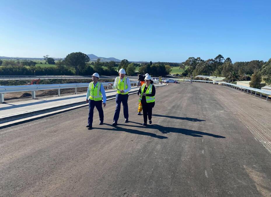 OVERPASS: NSW Minister for Regional Transport and Roads Paul Toole, Kiama MP Gareth Ward and South Coast MP Shelley Hancock, inspect the Pestells Lane Bridge which will open to traffic next month.