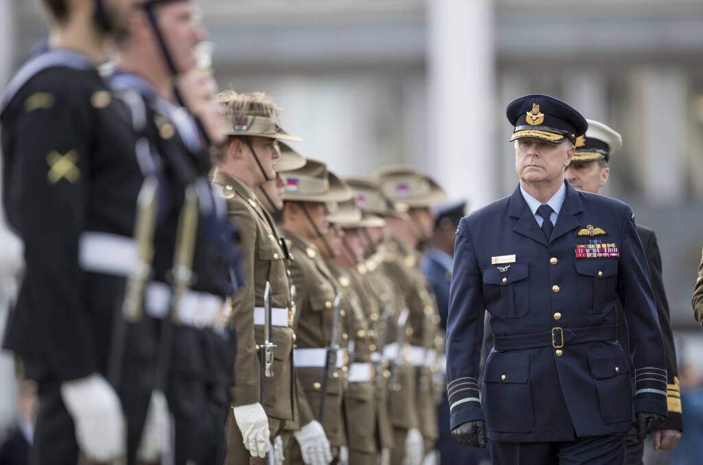 Outgoing Chief of Defence Force, Air Chief Marshal Mark Binskin inspects Australia's Federation Guard during the change of command parade, held at Russell Offices, Canberra. Photo: Jay Cronan