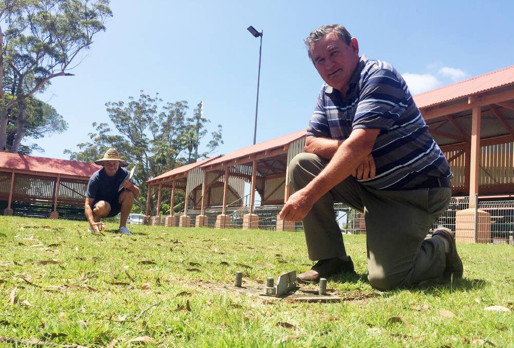 PLANS: President of the South Coast and Tablelands Axemen's Association Lindsay Parnell and Nowra Show woodchop chief steward Mark Bradley measure out for one of the proposed events at the 2021 Nowra Show.
