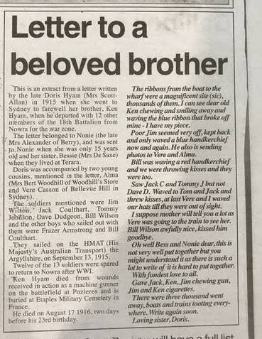 A letter written by Doris Hyam on farewelling her brother Ken and the other Numbaa boys.

