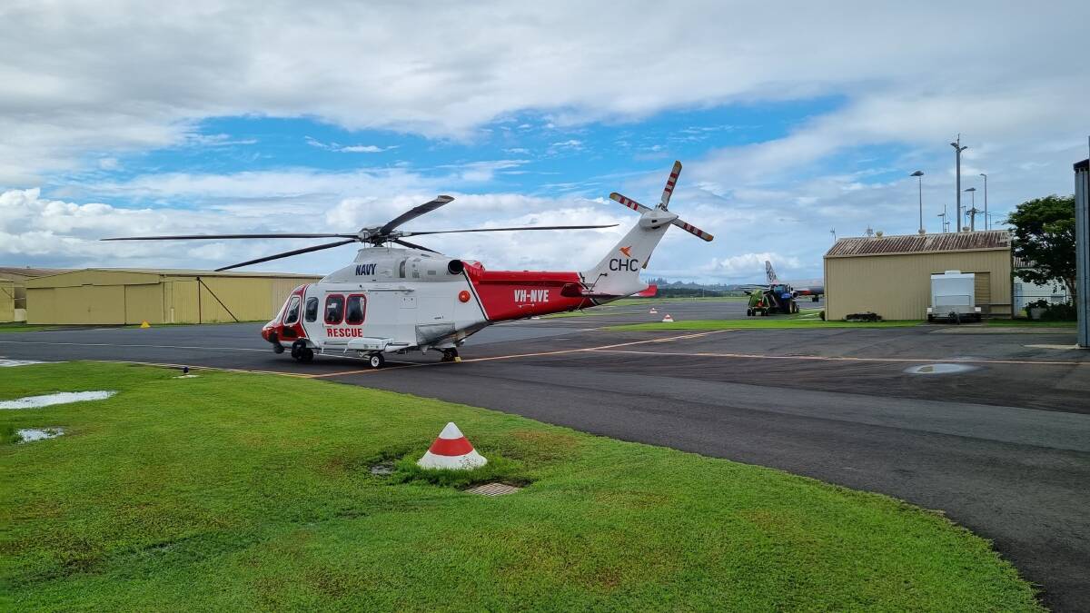 READY TOP GO: CHC Helicopter's AW139 helicopter arrived in Ballina on Sunday ahead of the forecast more heavy rain. Image: Supplied