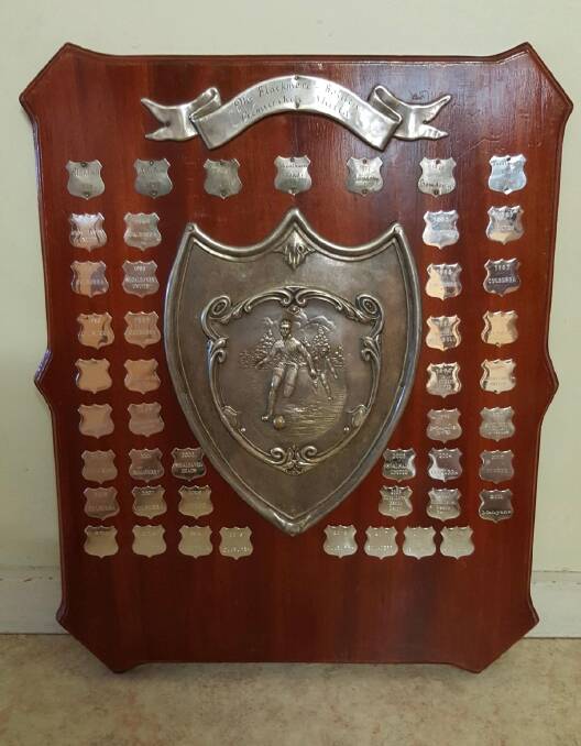 The coveted Blackmore/Bolden Shield for Shoalhaven Football's men's first grade premiership, which now has 48 winning teams recorded on it.